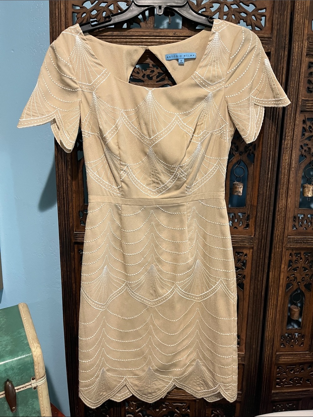 ANTONIO MELANI Cream Scalloped Beaded Midi Dress